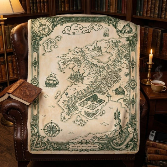 Vintage Fantasy Map Sherpa Blanket — Cozy Decorative Throw for Gamers & Book Lovers